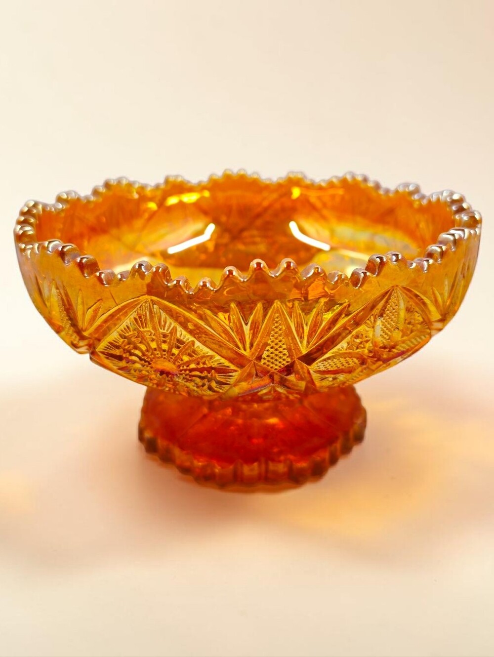 Imperial Marigold Carnival Glass Fruit Bowl Fancy Flowers Sawtooth Edge
